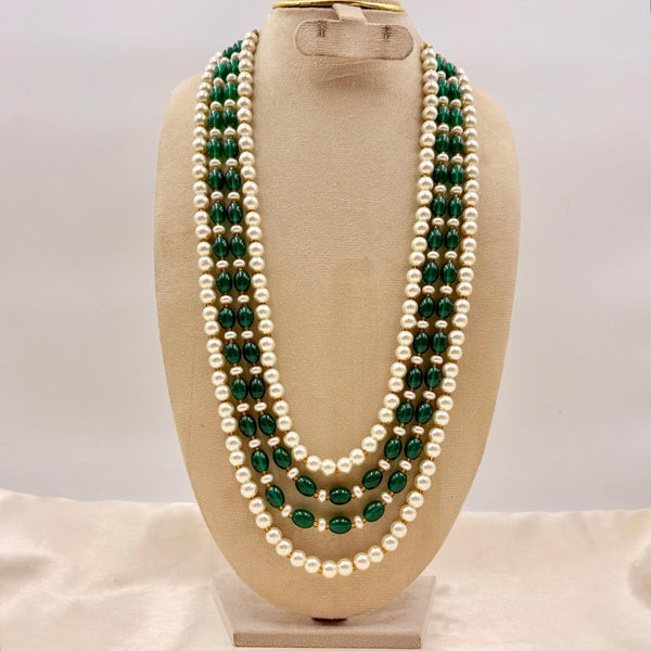 Classic Green Bead & Pearl Layered Long Necklace – Traditional Haaram