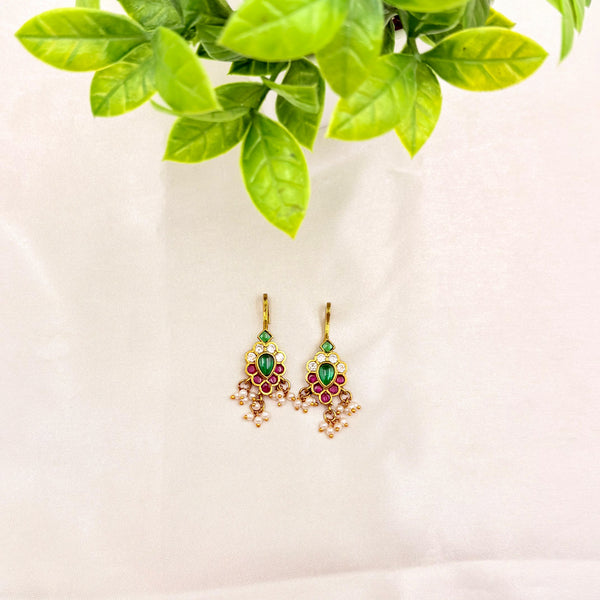 Gold Finish Green & Red Stone Bugudi Earrings with Pearl Drops