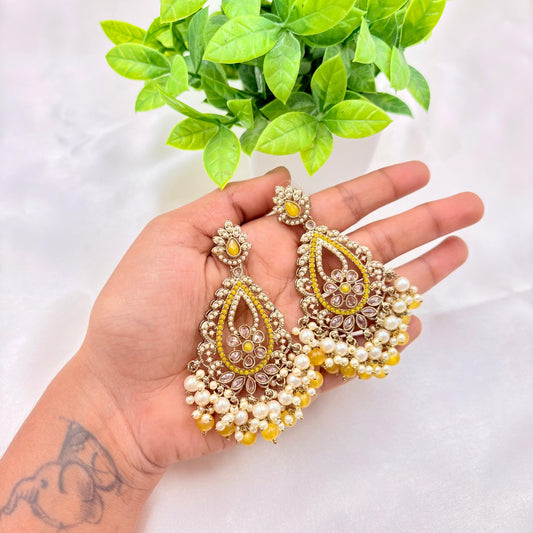 Yellow Kundan Pearl Chandelier Earrings – Bridal & Festive Wear