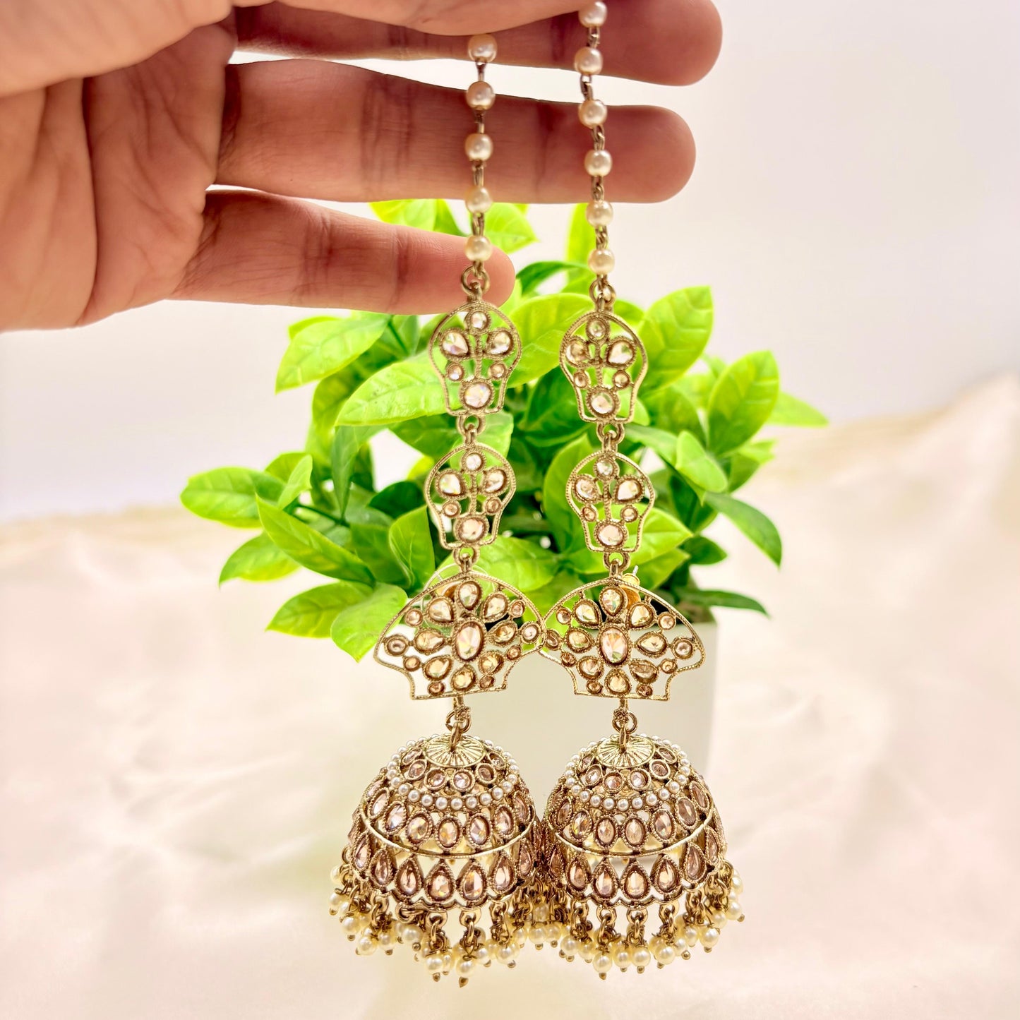 Kundan Long Jhumka Earrings with Pearl Chain (Sahara Style)
