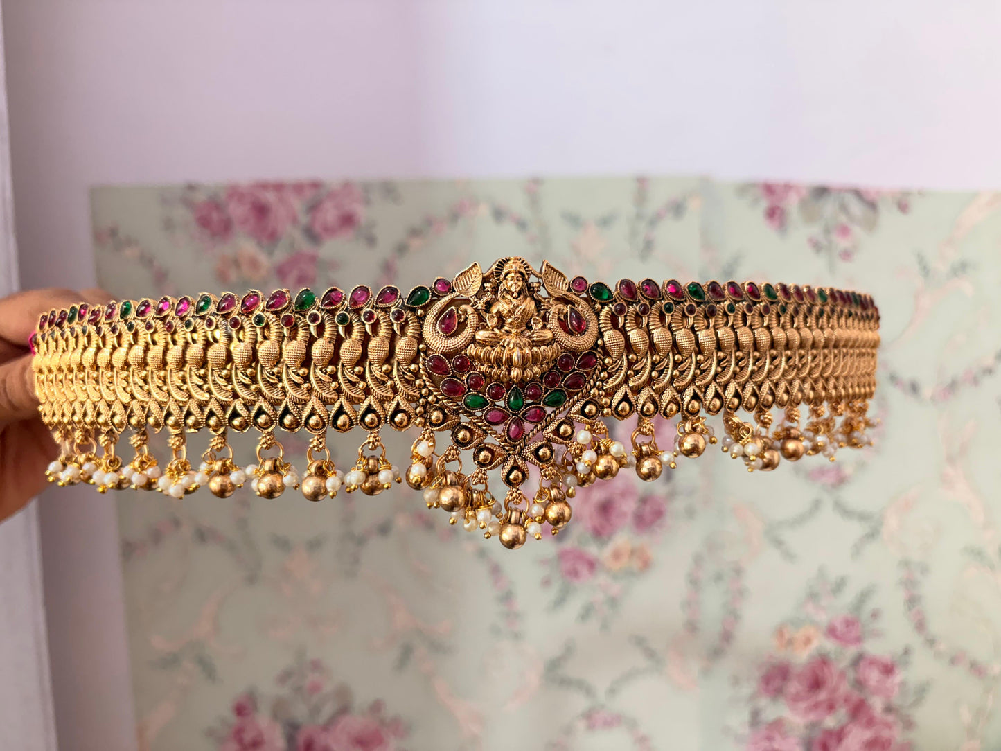 Traditional Temple Jewellery Lakshmi Vaddanam / Oddiyanam – Antique Gold Waist Belt with Ruby & Emerald Stones