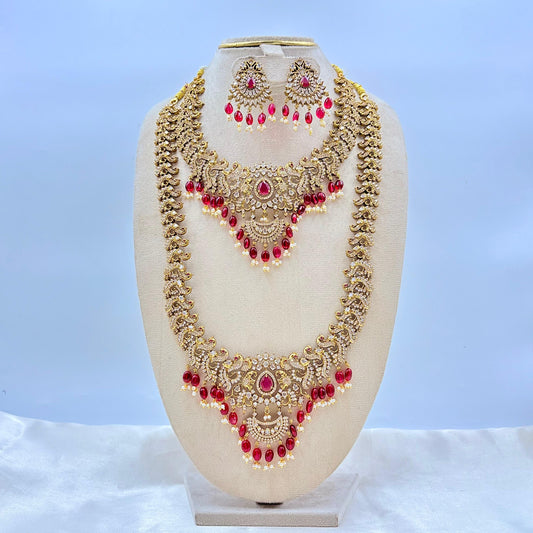 Royal Bridal Kundan Necklace Set with Ruby Red Beads & Vaddanam (Complete Wedding Set)