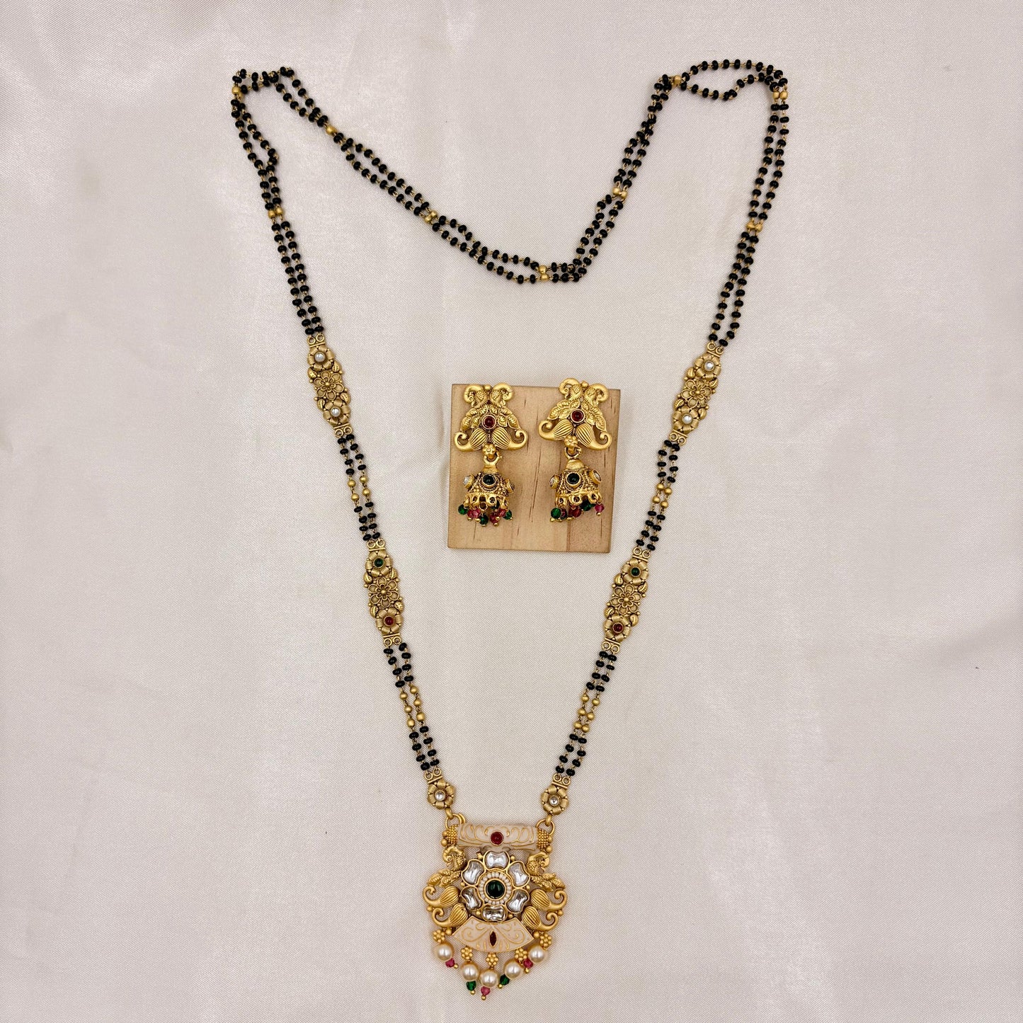 Antique Gold Long Mangalsutra with Floral Stone Pendant & Matching Earrings