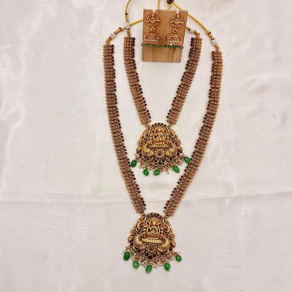 Antique Gold Temple Long Haram Necklace Set with Lakshmi Pendant & Jhumkas