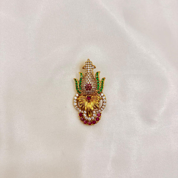 Gold-Plated Ruby & Green CZ Saree Pin | Temple-Style Kalash Saree Brooch