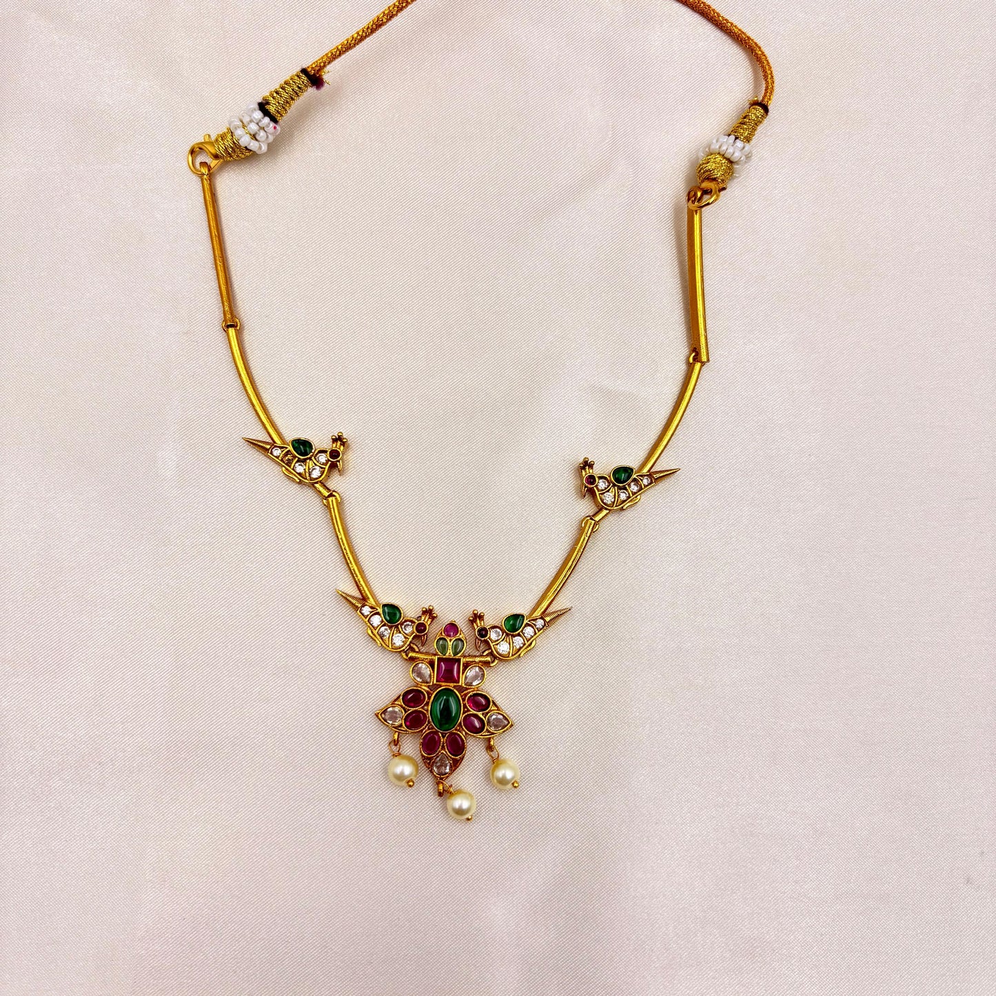 Gold Finish Peacock Motif Necklace Set with Pearl Drops