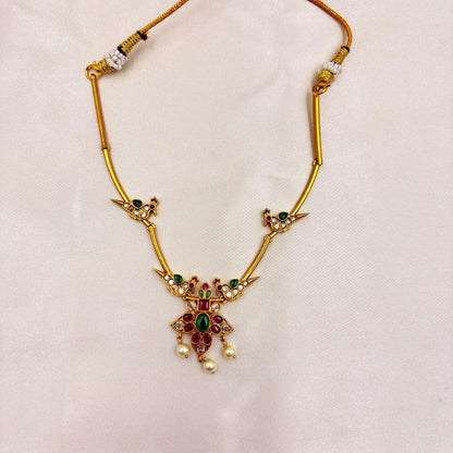 Gold Finish Peacock Motif Necklace Set with Pearl Drops