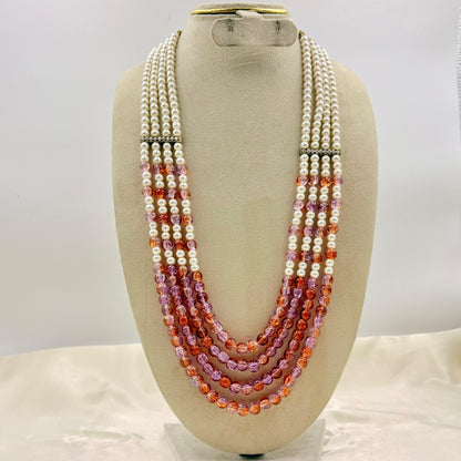 Multi-Layer Pearl & Peach Crystal Beaded Long Necklace
