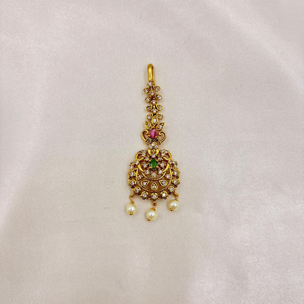 Gold-Plated CZ Maang Tikka with Ruby, Green Stones & Pearls | Traditional Bridal Headpiece