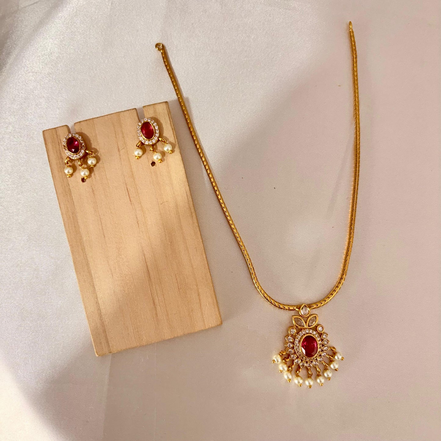 Gold-Plated Ruby Stone Pendant Necklace Set with Pearl Drops & Matching Earrings
