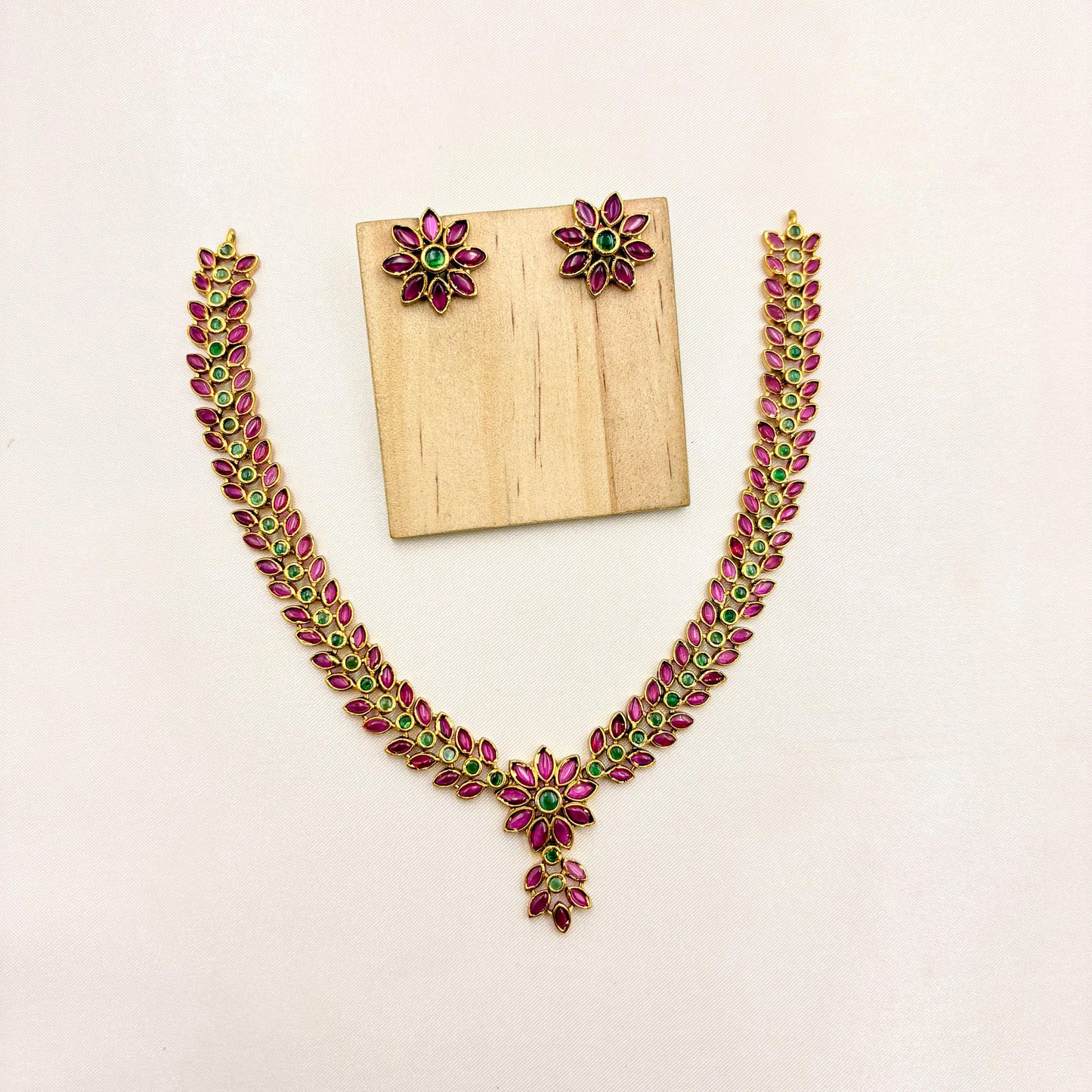 Ruby & Emerald Floral Necklace Set – Traditional Gold Finish Jewellery