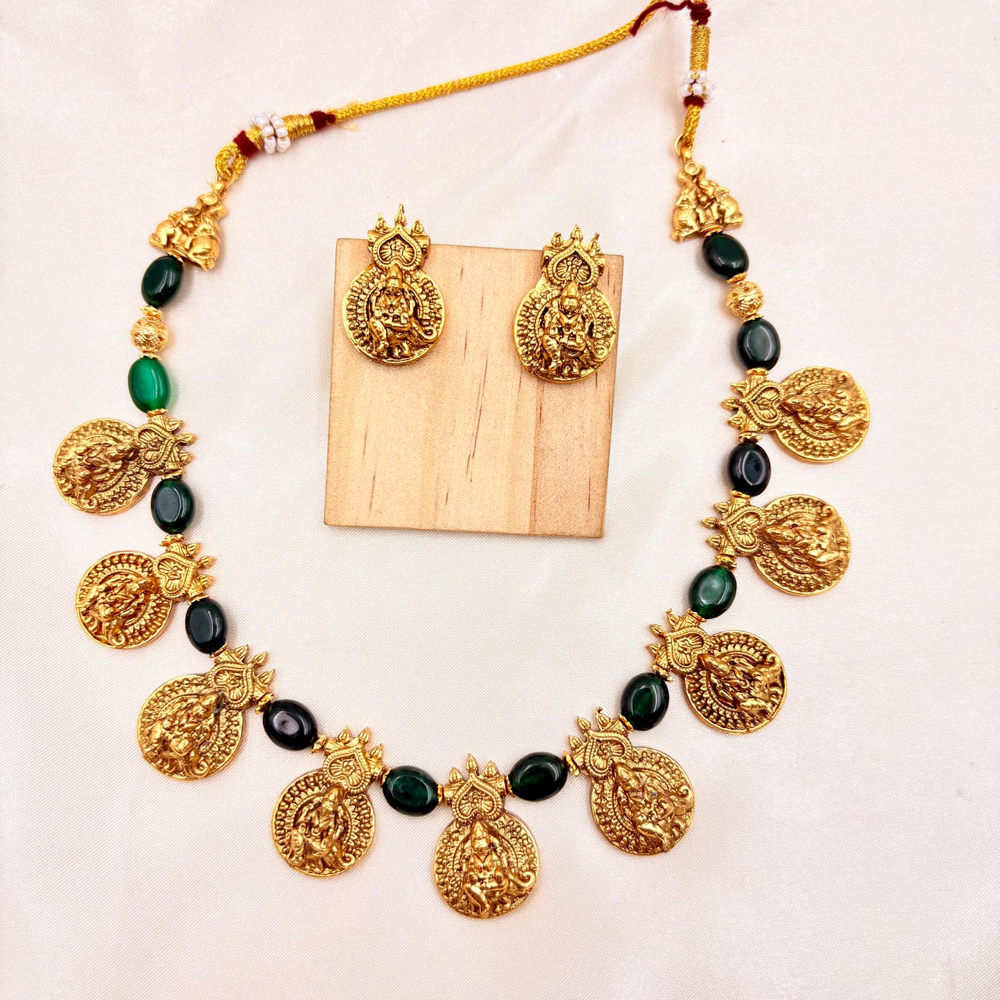 Antique Gold Finish Goddess Coin Temple Necklace Set with Green Beads