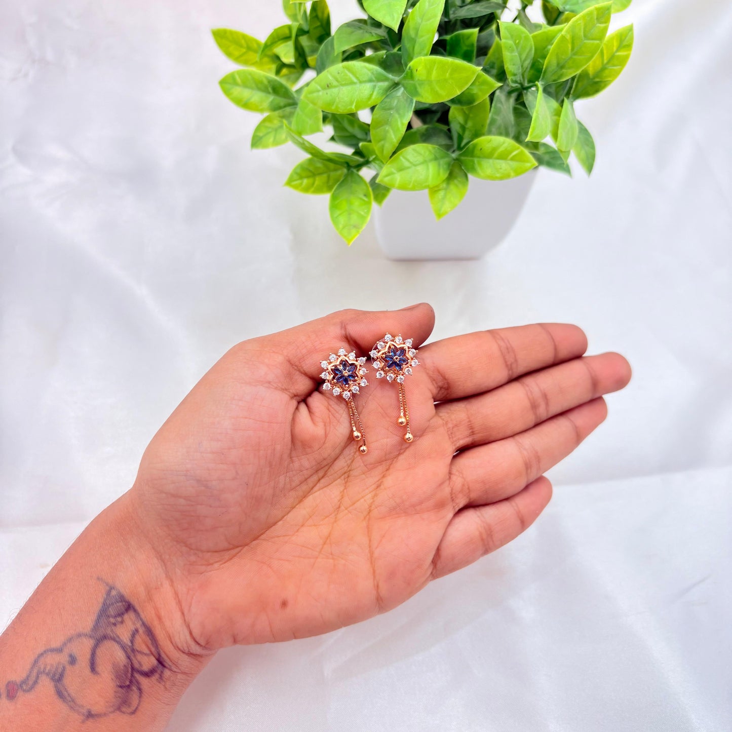 Rose Gold Floral Stud Earrings with Blue Stone & Chain Drop