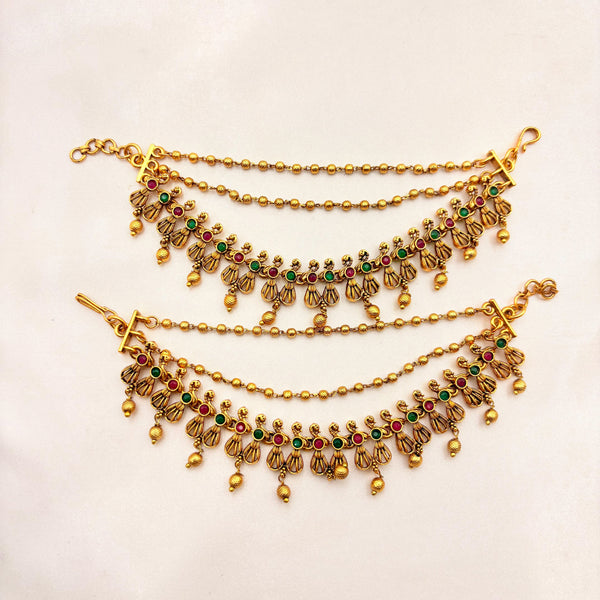 Traditional Antique Gold Matti Hair Accessory – Ruby & Emerald Stone Bridal Mattal / Temple Hair Jewellery
