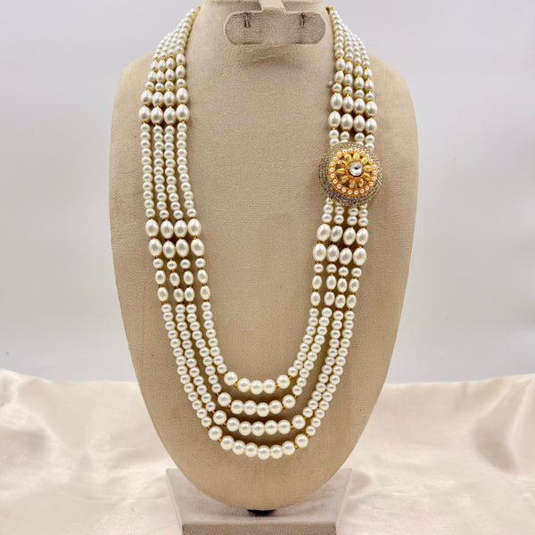 Elegant Multi-Layer White Pearl Necklace with Gold Floral Brooch