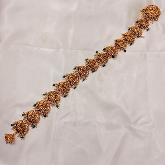 Antique Peacock & Lakshmi Jada Billa with Ruby–Green Stones (Long Bridal Hair Accessory)
