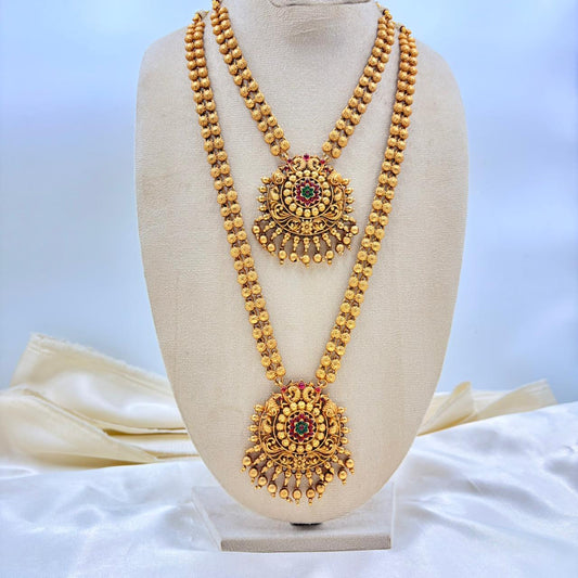 Royal Double Layer Antique Gold Haram with Circular Temple Pendants