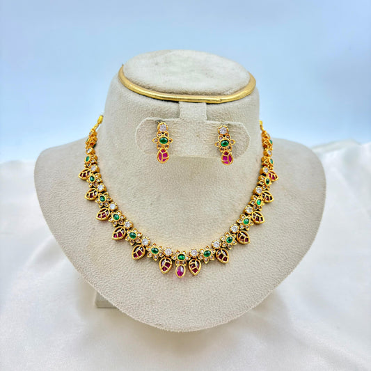 Traditional Pink & Green Kemp Stone Necklace Set – Gold Finish Jewellery