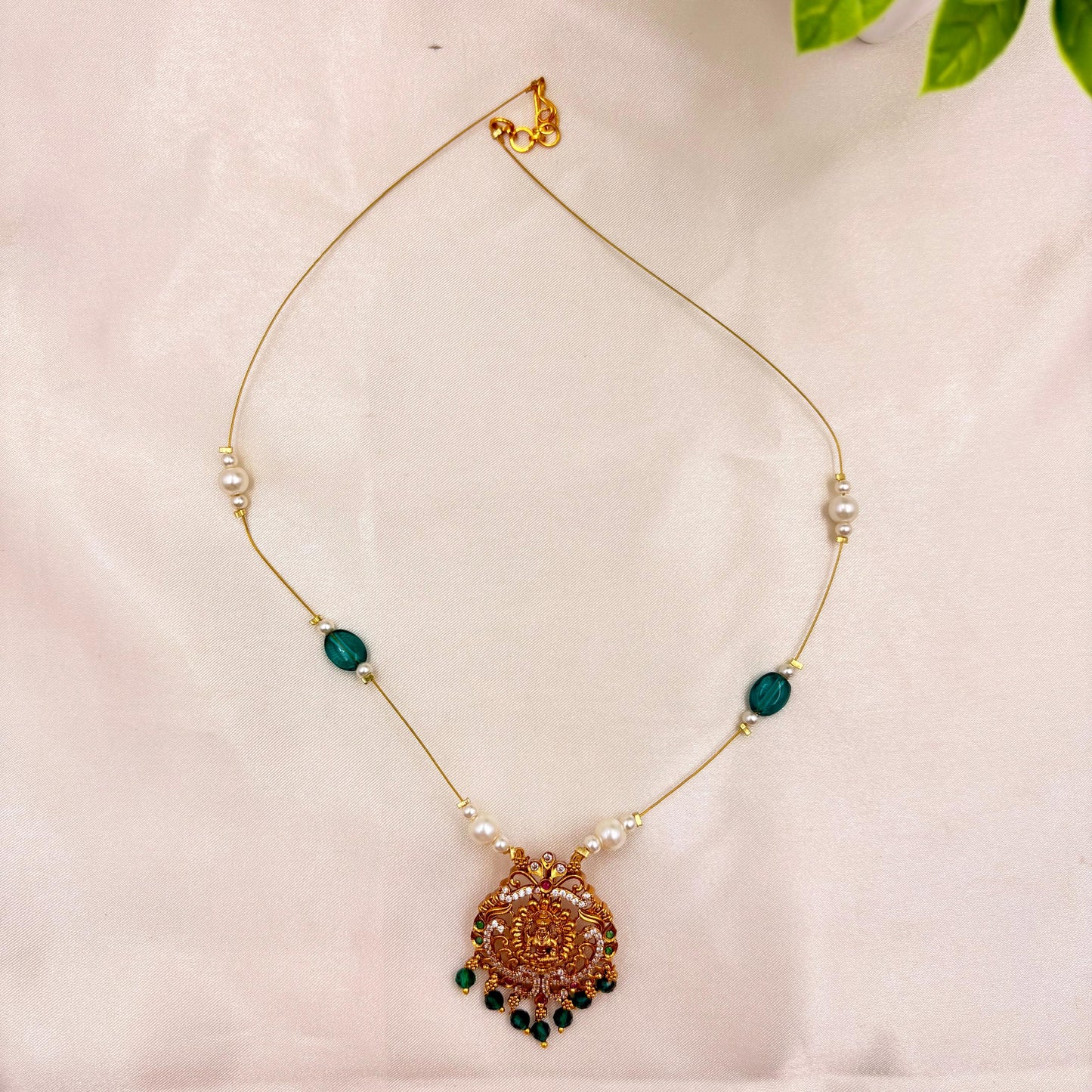 Gold Finish Temple Goddess Pendant Wire Necklace with Green Beads & Pearls