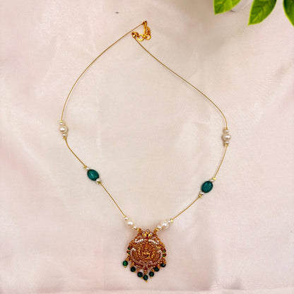 Gold Finish Temple Goddess Pendant Wire Necklace with Green Beads & Pearls