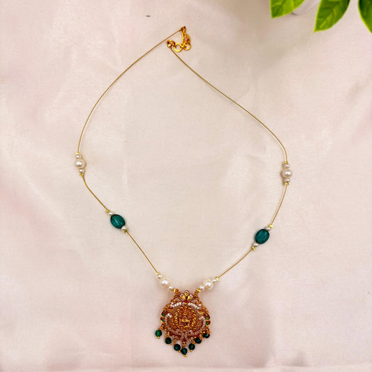 Gold Finish Temple Goddess Pendant Wire Necklace with Green Beads & Pearls