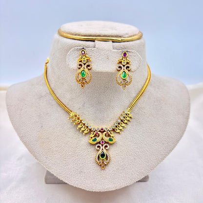Antique Gold Finish Necklace Set with Green & Pink Stones