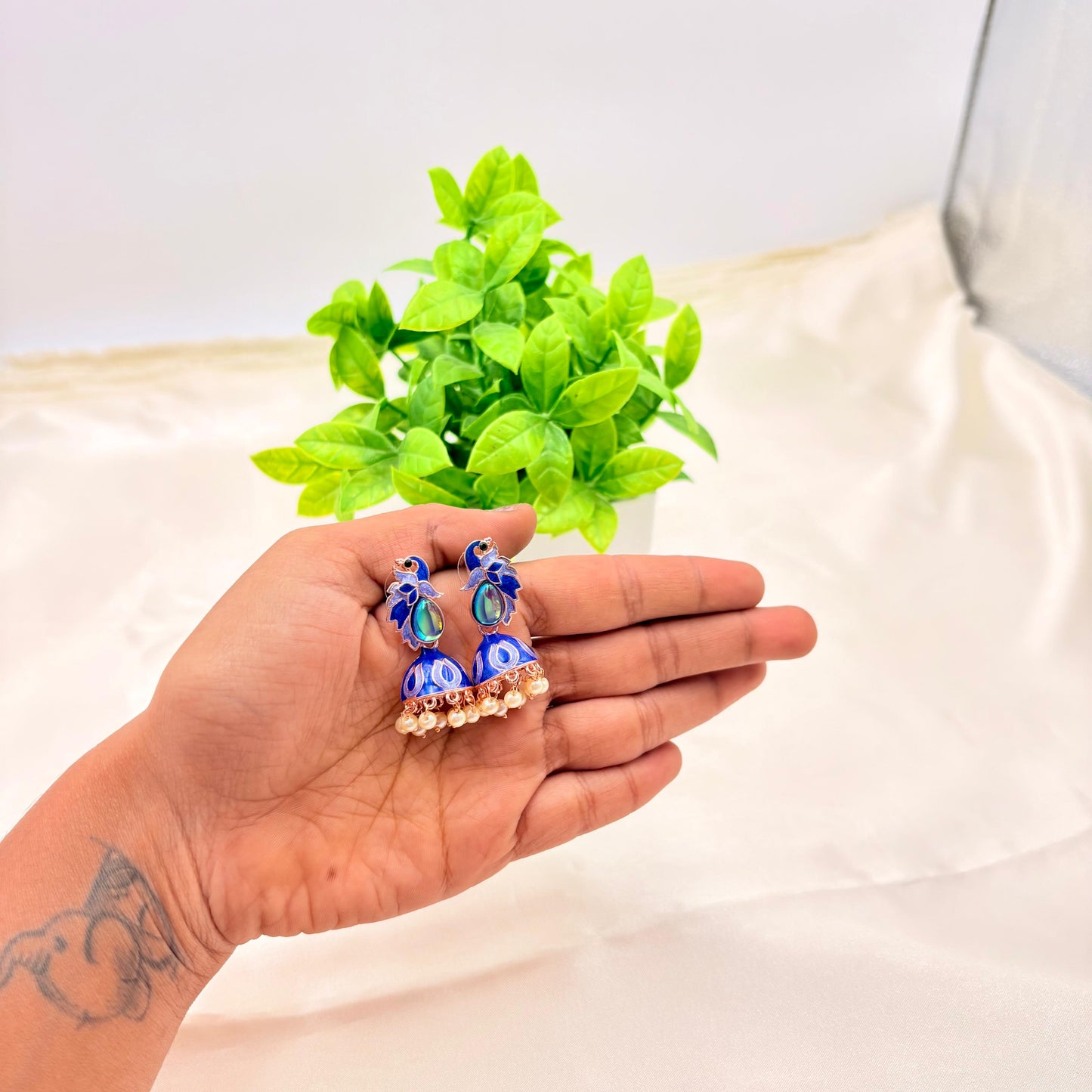 Blue Meenakari Peacock Jhumka Earrings with Pearl Drops
