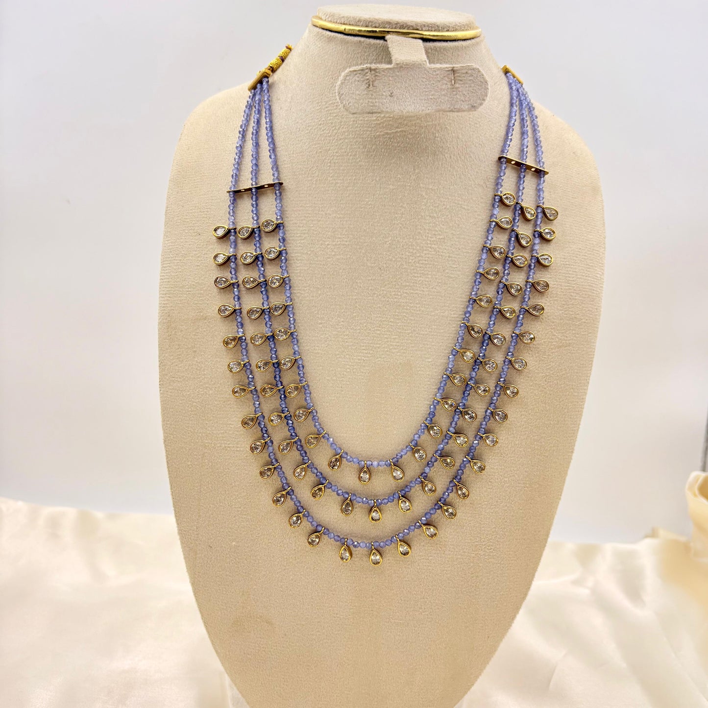 Lavender Multi-Layer Beaded Necklace with Gold Teardrop Charms – Elegant Statement Jewelry