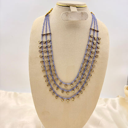 Lavender Multi-Layer Beaded Necklace with Gold Teardrop Charms – Elegant Statement Jewelry