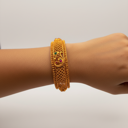 Antique Mesh Carved Bangles – Ruby & Emerald Detailing