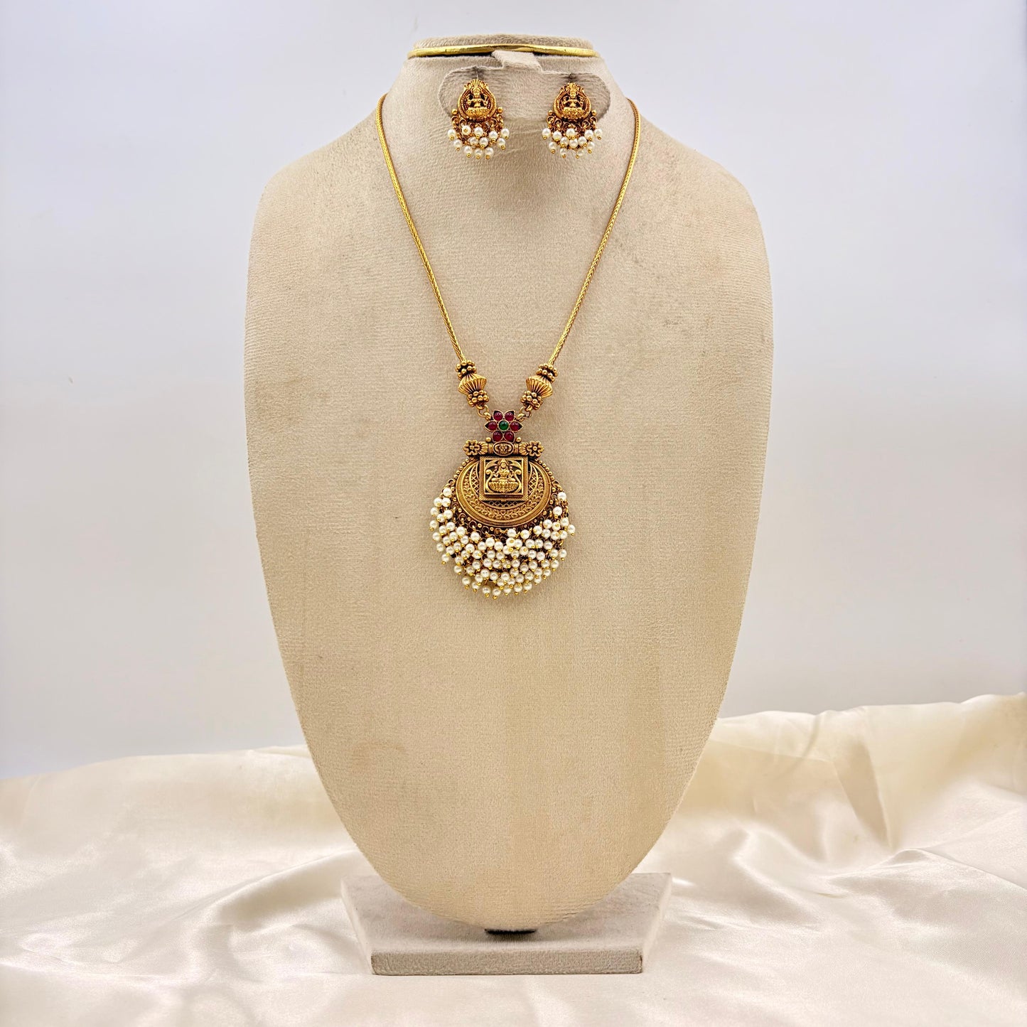Antique Gold Lakshmi Temple Necklace with Pearl Cluster Pendant & Matching Earrings