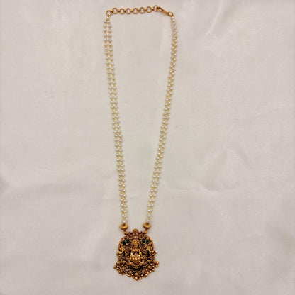 Double Line Pearl Lakshmi Temple Necklace Set