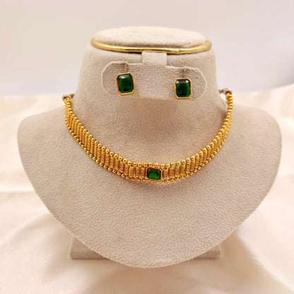 Elegant Gold-Plated Green Stone Choker Set | Minimal Traditional Necklace with Earrings