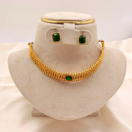 Elegant Gold-Plated Green Stone Choker Set | Minimal Traditional Necklace with Earrings