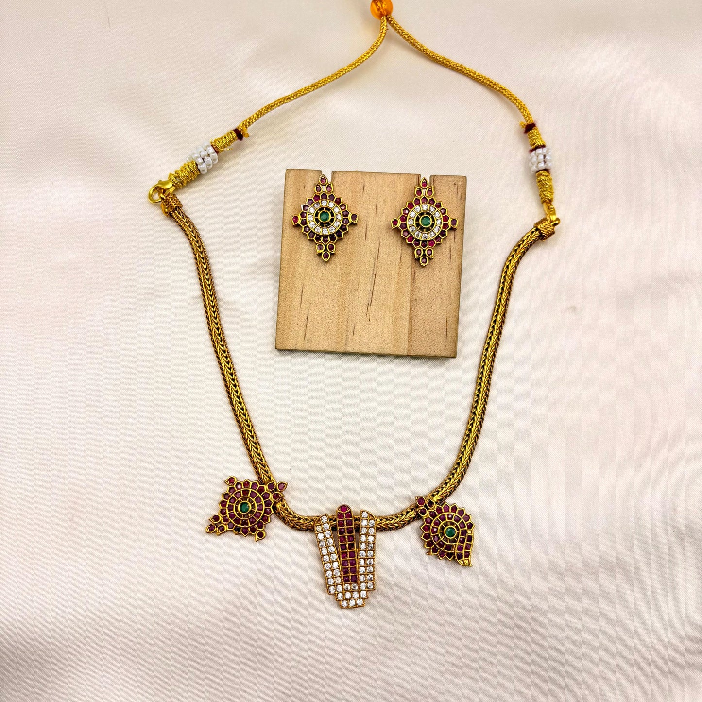 Antique Gold CZ Short Necklace Set with Ruby & Emerald Accents