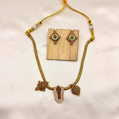 Antique Gold CZ Short Necklace Set with Ruby & Emerald Accents