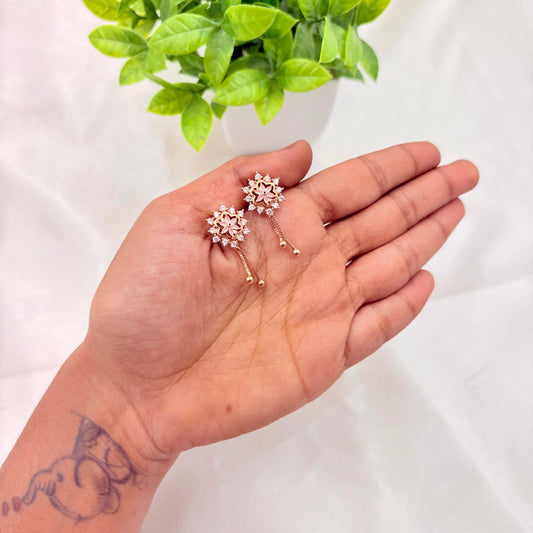 Rose Gold Floral Stud Earrings with Chain Drop
