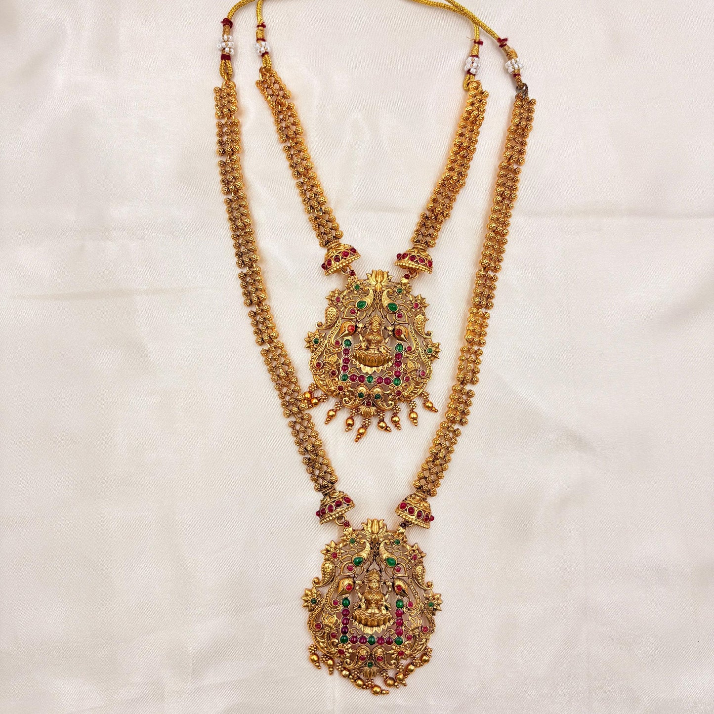 Royal Double Layer Antique Gold Temple Haram with Lakshmi Pendants & Jhumka Earrings