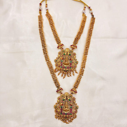 Royal Double Layer Antique Gold Temple Haram with Lakshmi Pendants & Jhumka Earrings