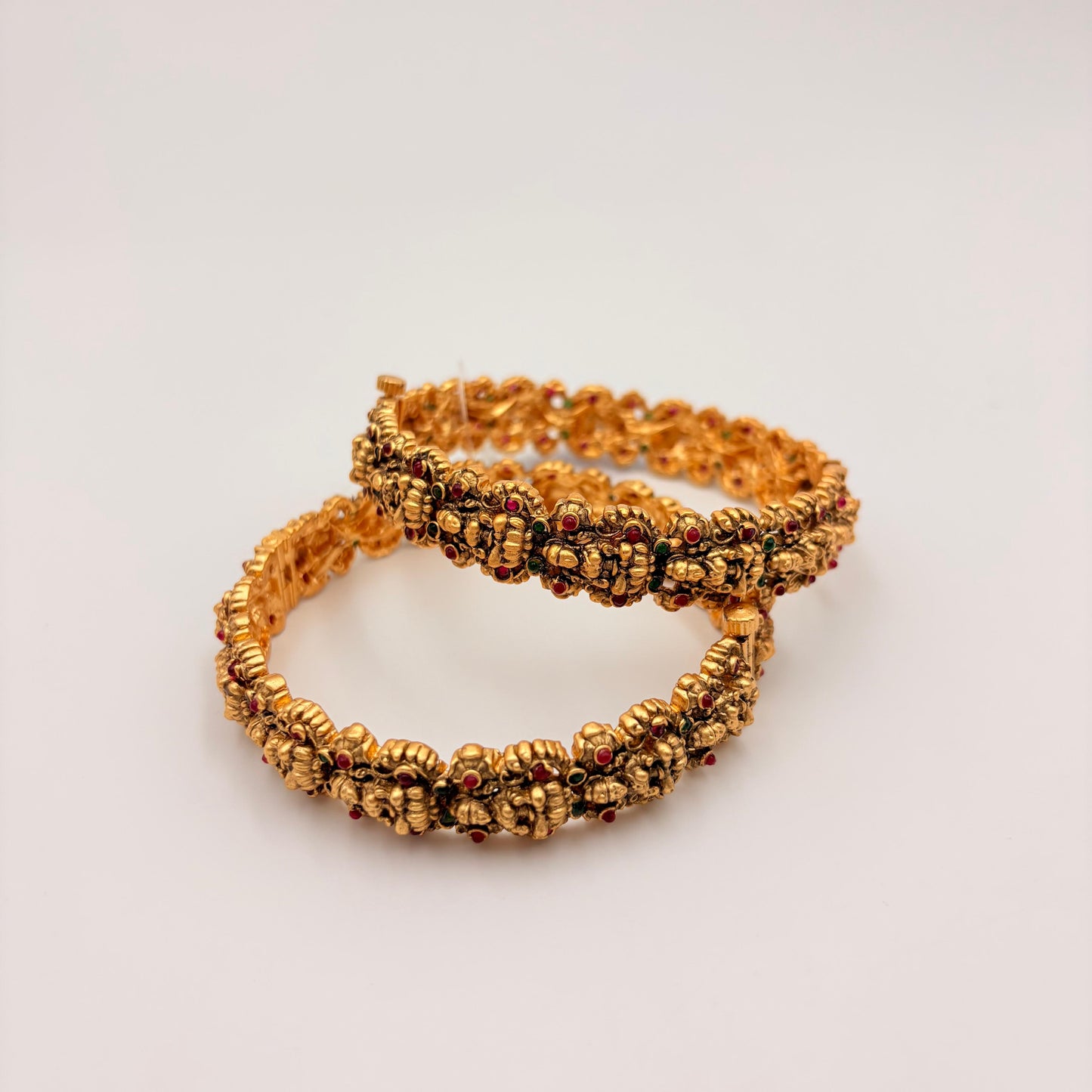 Antique Gold Ganesha Temple Bangles with Ruby & Green Stones – Heavy Bridal Bangles (Pair)