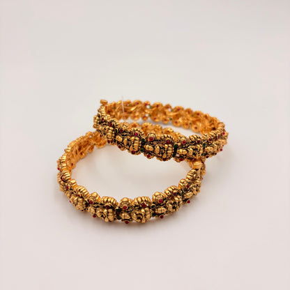 Antique Gold Ganesha Temple Bangles with Ruby & Green Stones – Heavy Bridal Bangles (Pair)