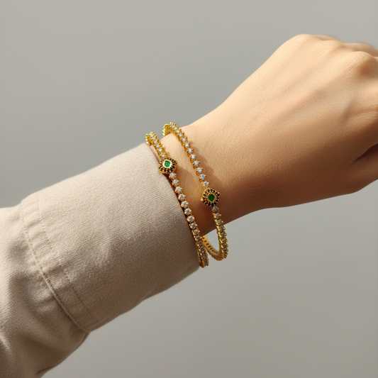Elegant CZ Bangles With Emerald Center – Slim & Classy Design