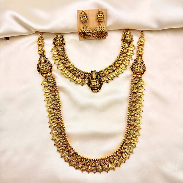 Grand Antique Temple Coin Long Haram Necklace Set with Lakshmi Motif Earrings