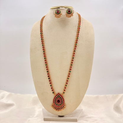 Traditional Gold Finish Kemp Stone Long Necklace Set with Earrings