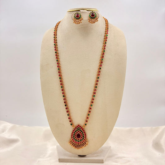Traditional Gold Finish Kemp Stone Long Necklace Set with Earrings