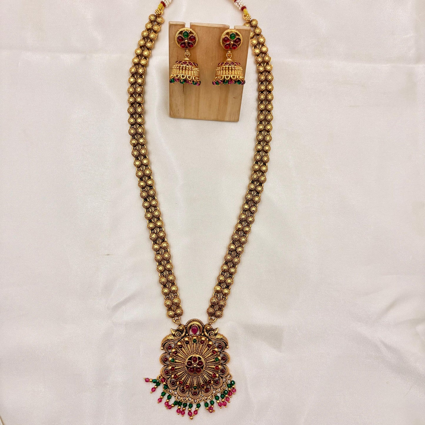 Antique Gold Floral Long Haram Necklace with Color Beads & Jhumka Earrings