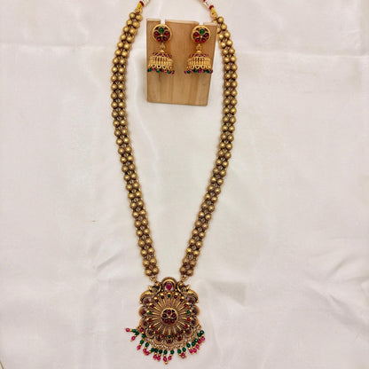 Antique Gold Floral Long Haram Necklace with Color Beads & Jhumka Earrings