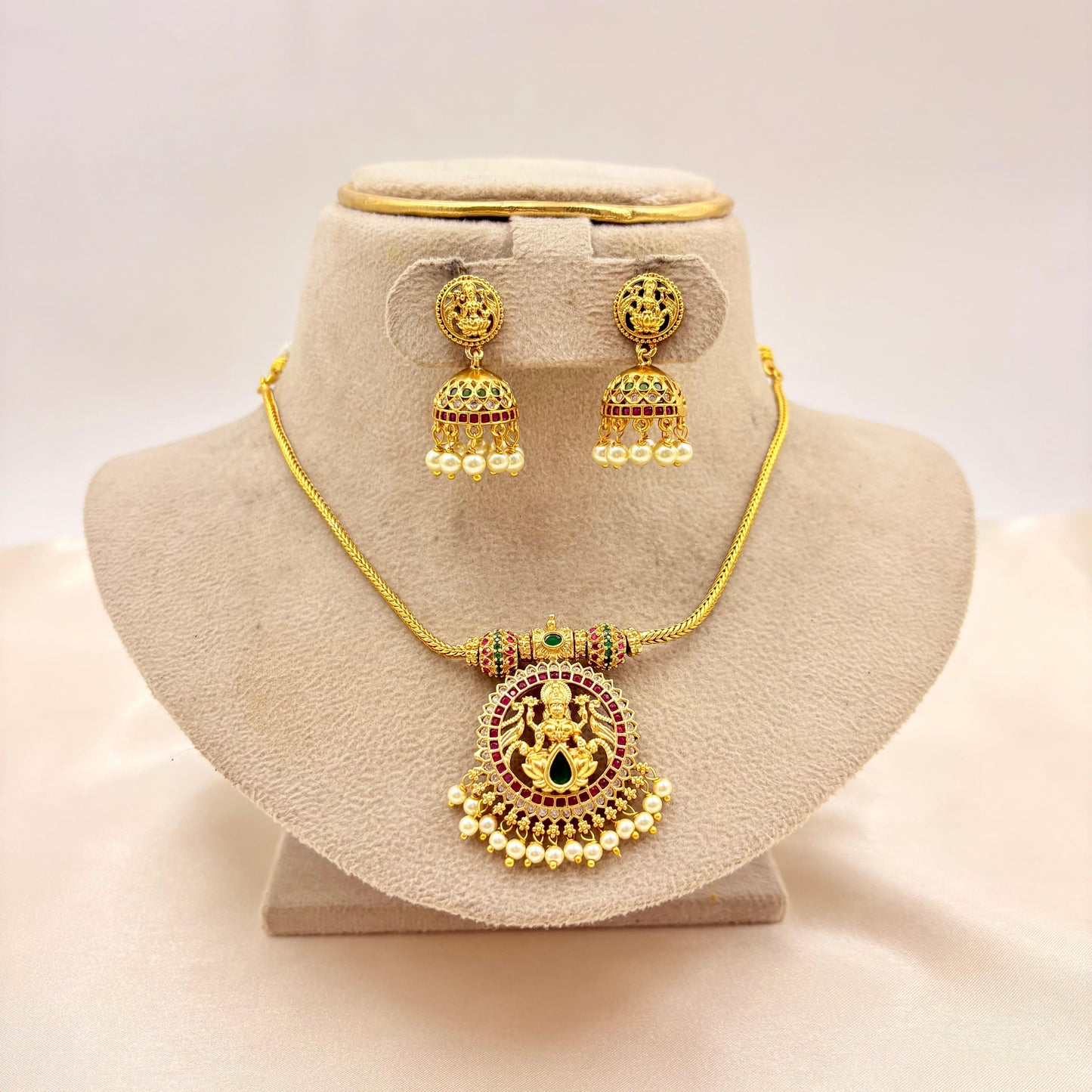 Lakshmi Temple Pendant Necklace Set with Jhumka Earrings – Traditional Gold Finish Jewellery