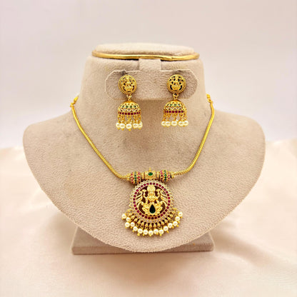 Lakshmi Temple Pendant Necklace Set with Jhumka Earrings – Traditional Gold Finish Jewellery