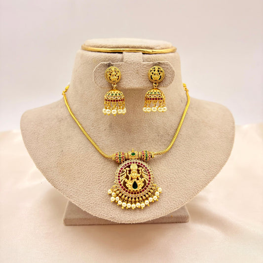 Lakshmi Temple Pendant Necklace Set with Jhumka Earrings – Traditional Gold Finish Jewellery